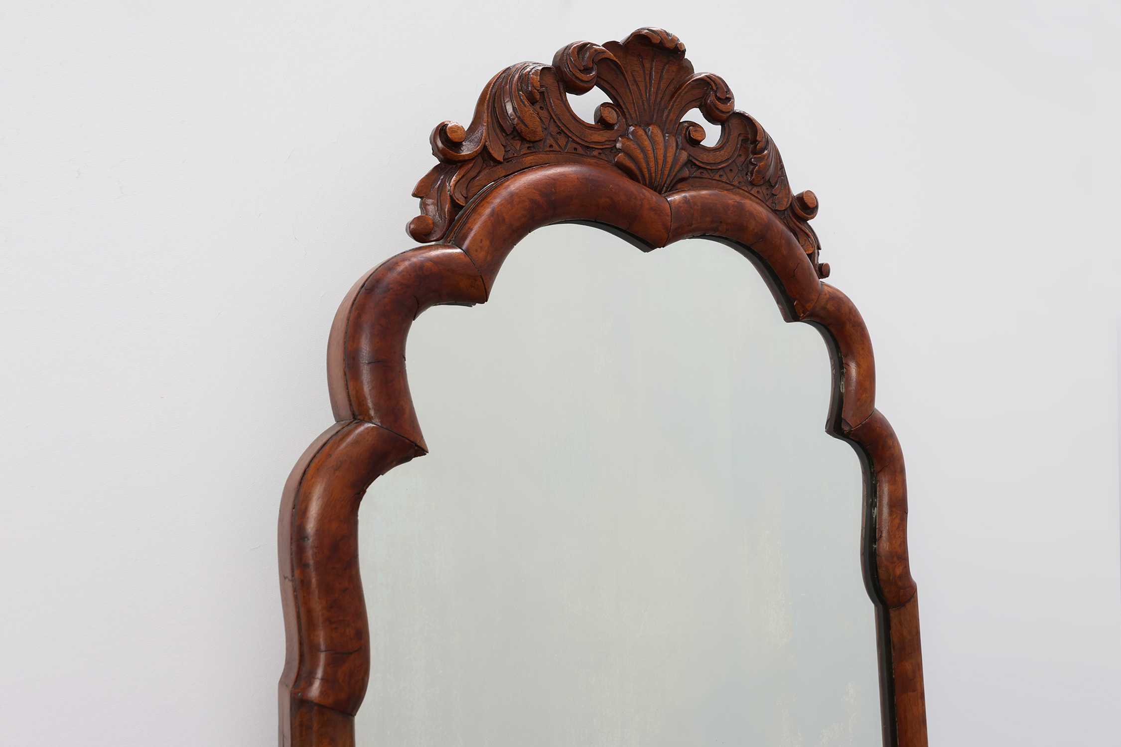 Louis XV style root veneer mirror with scalloped curved frame and oister crest, France late 19th centurythumbnail